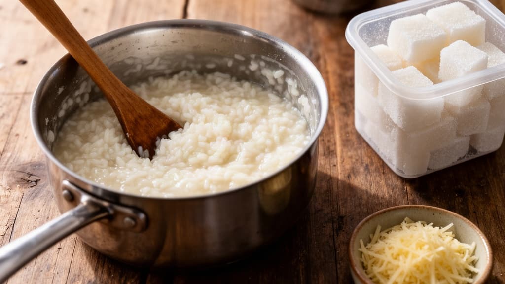 Foto editorial de uma panela de aço com arroz cremoso sendo mexido, acompanhada de cubos de arroz congelado e queijo ralado sobre bancada de cozinha rústica.