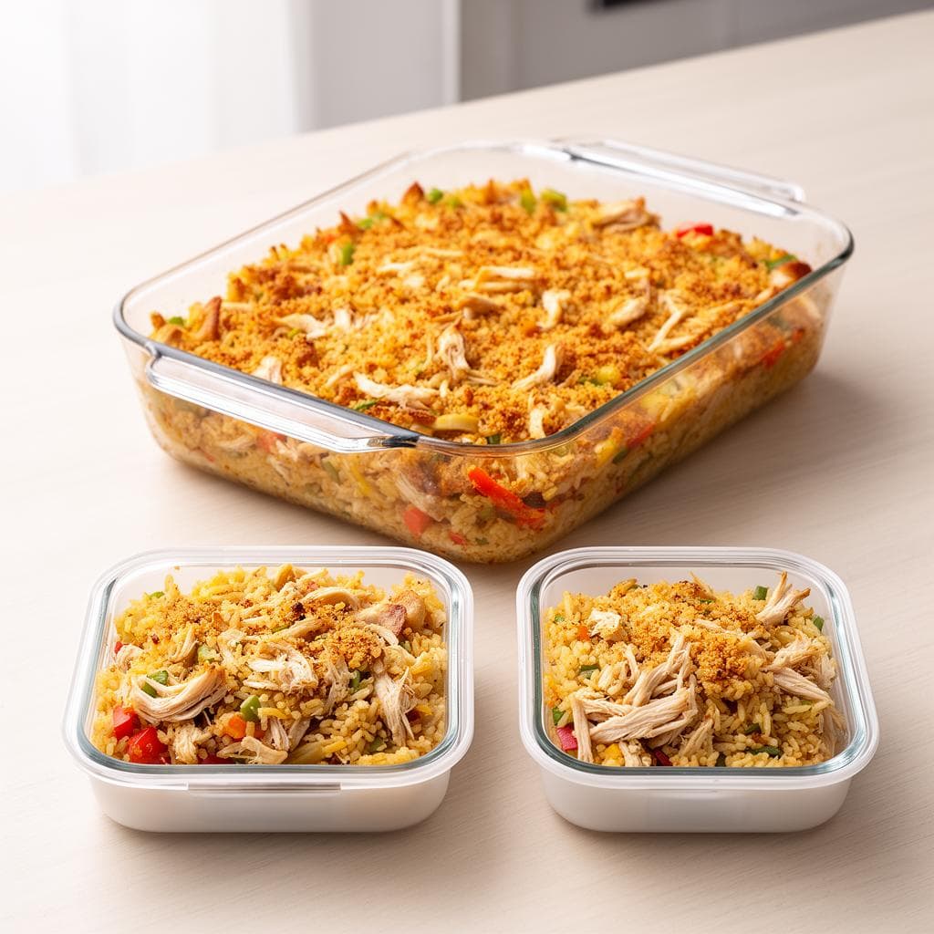 Arroz de forno em forma de vidro com porção servida em pote de armazenamento.