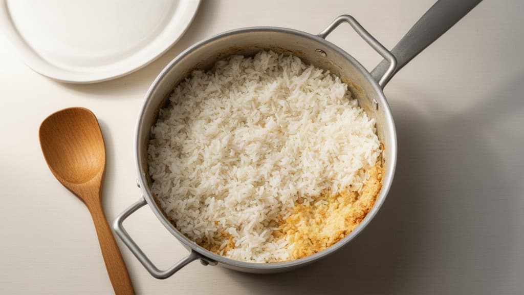 Panela de alumínio comum com arroz branco soltinho e fundo cremoso dourado sobre mesa de cozinha simples