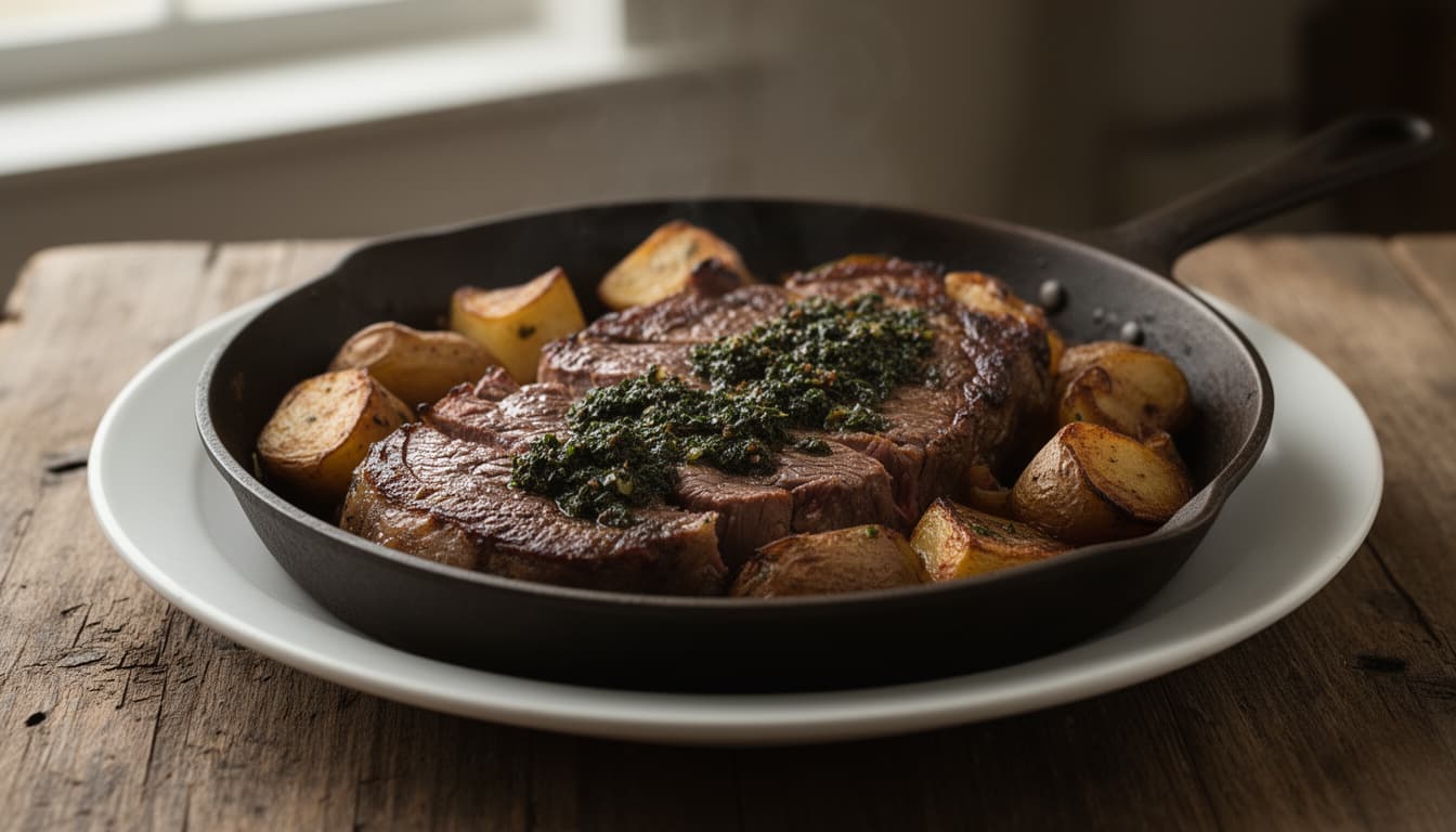 Panela de ferro com bife selado e batatas rusticas no fogo, servida em um prato de louca simples, iluminado pela luz natural de uma janela