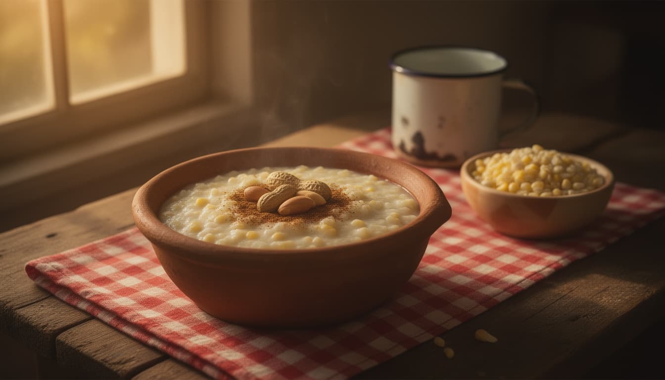Panela de barro com canjica branca cremosa polvilhada com canela, sobre mesa de madeira com toalha xadrez, em luz dourada de fim de tarde.