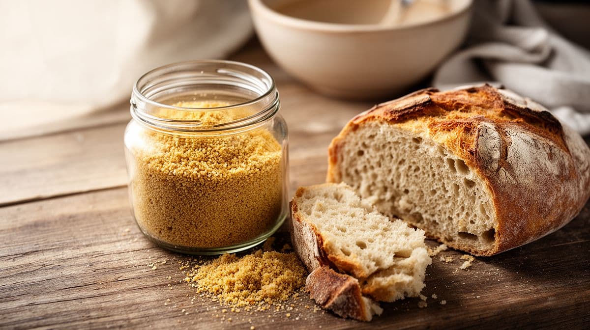 Jara de vidro com migalhas de pão caseiras douradas sobre bancada de madeira, ao lado de um pão rústico quebrado.