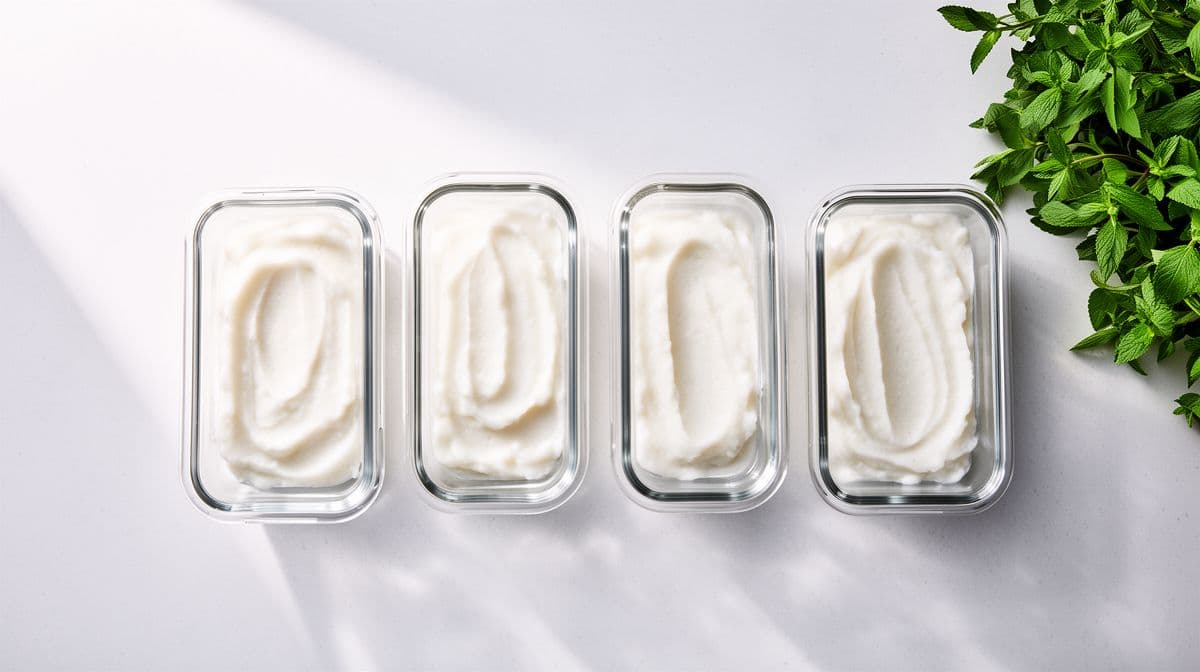 Quatro potes de vidro com tampa aberta, contendo creme de mandioca branco e cremoso, dispostos em fila sobre uma bancada de cozinha clara.