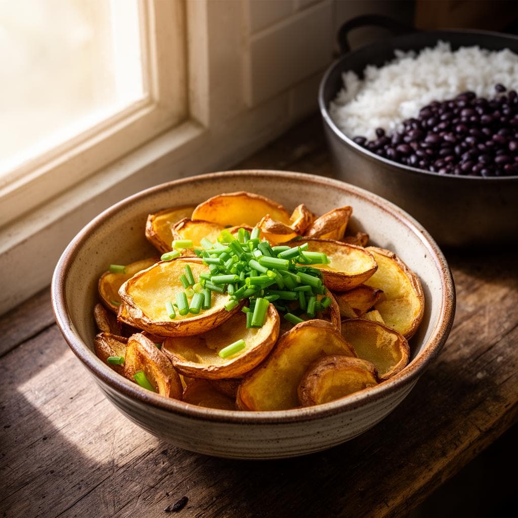 Tigela de cerâmica rústica contendo farofa crocante de casca de batata com cebolinha, sobre mesa de madeira clara ao lado de feijão e arroz.