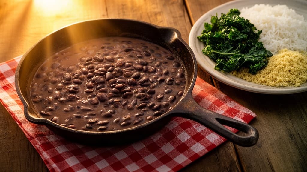 Feijão preto cremoso servido em panela de ferro ao lado de arroz, couve e farofa sobre mesa de madeira com toalha xadrez