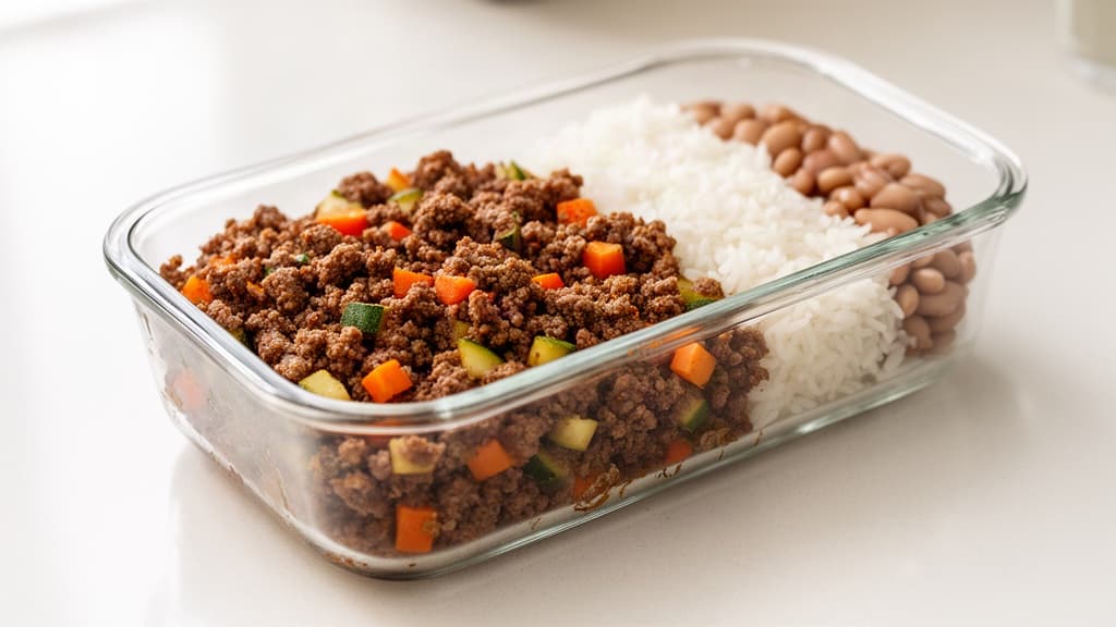 Pote de vidro com marmita de carne moída seca e legumes, ao lado de arroz e feijão, sobre bancada branca iluminada