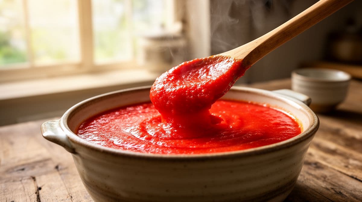 Close-up de uma colher de pau coberta por molho de tomate vermelho intenso e encorpado, em uma tigela de cerâmica rústica sobre uma mesa de madeira iluminada por luz natural de janela.