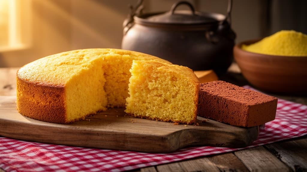 Fatia de bolo de fubá fofinho ao lado de uma fatia densa sobre uma tábua de madeira, iluminada por luz dourada.